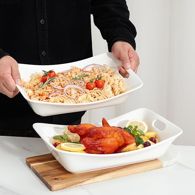 LEHAHA Large Serving Bowls with Handles, Set of 2 White Porcelain Bowl Set, Durable Ceramic Salad Bowls, 2 Quarts Rectangular Serving Platter for Turkey, Fruit Salad Serving Dishes for Entertaining