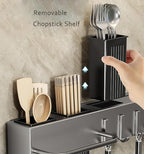 SEIDO Carbon Steel Utensil Rack – Space-Saving 12" L Kitchen Organizer with hooks & hanging bar, Gunmetal Gray Knife Holder, 2 Installation Options (Adhesive/Screwed)