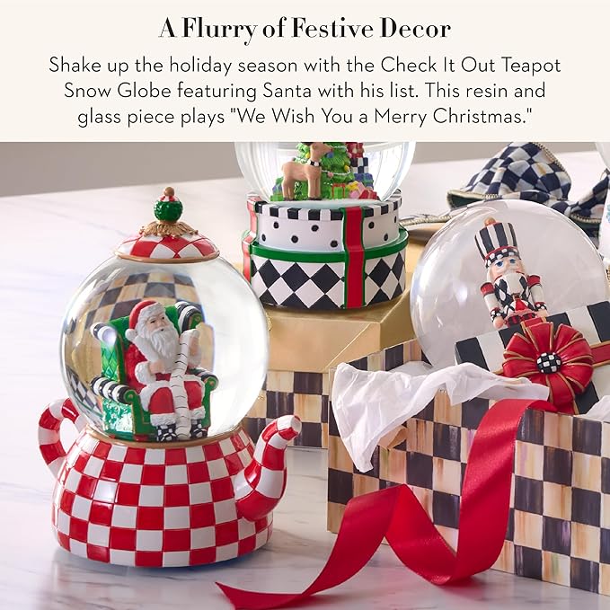 MACKENZIE CHILDS Snow Globe, Christmas Decor for Living Room, Check It Out Teapot