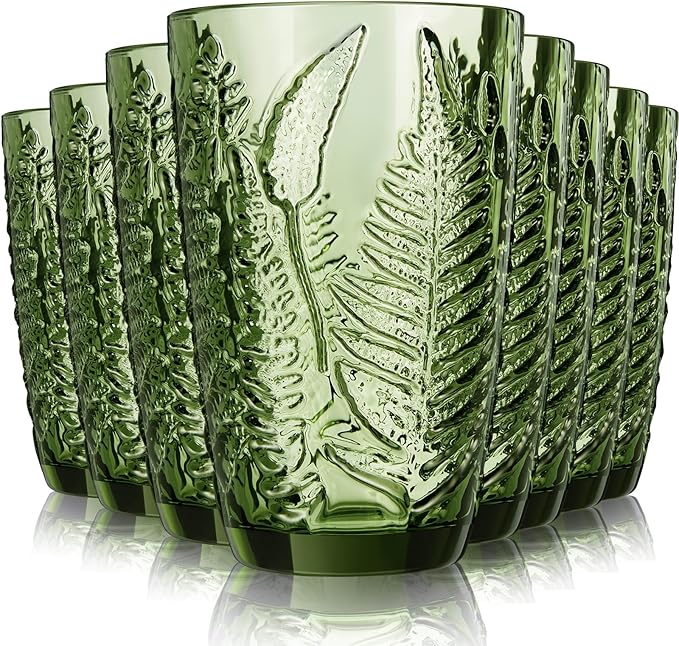 Reallnaive Green Drinking Glasses Set of 8, Boho Aesthetic Vintage Glassware Fern Carving Textured Tumbler Water Cups Embossed Pattern Drinkware Cocktail Glasses Set for Xmas Gifts(12 oz,Highball)