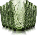 Reallnaive Green Drinking Glasses Set of 8, Boho Aesthetic Vintage Glassware Fern Carving Textured Tumbler Water Cups Embossed Pattern Drinkware Cocktail Glasses Set for Xmas Gifts(12 oz,Highball)