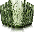 Reallnaive Green Drinking Glasses Set of 8, Boho Aesthetic Vintage Glassware Fern Carving Textured Tumbler Water Cups Embossed Pattern Drinkware Cocktail Glasses Set for Xmas Gifts(12 oz,Highball)
