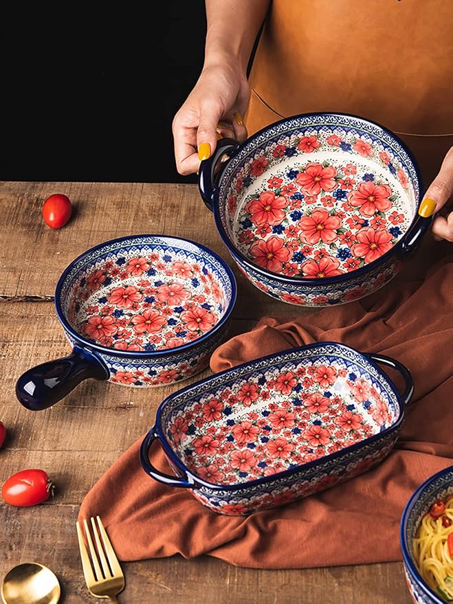 Vintage Style Cherry Blossom Flowers Pottery Bakeware Ceramic Casserole Dish Baking Pan Lasagna Pans Baking Dish with Handles for Oven to Table-1 PCS, 32 oz