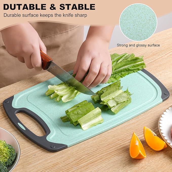 Kitchen Cutting Board Set 3 Piece Wheat Straw Plastic Cutting Boards for Kitchen with Juice Grooves Easy Grip Handle Bpa Free Non Porous Non Slip Dishwasher Safe Chopping Board (Beige + Green + Pink)