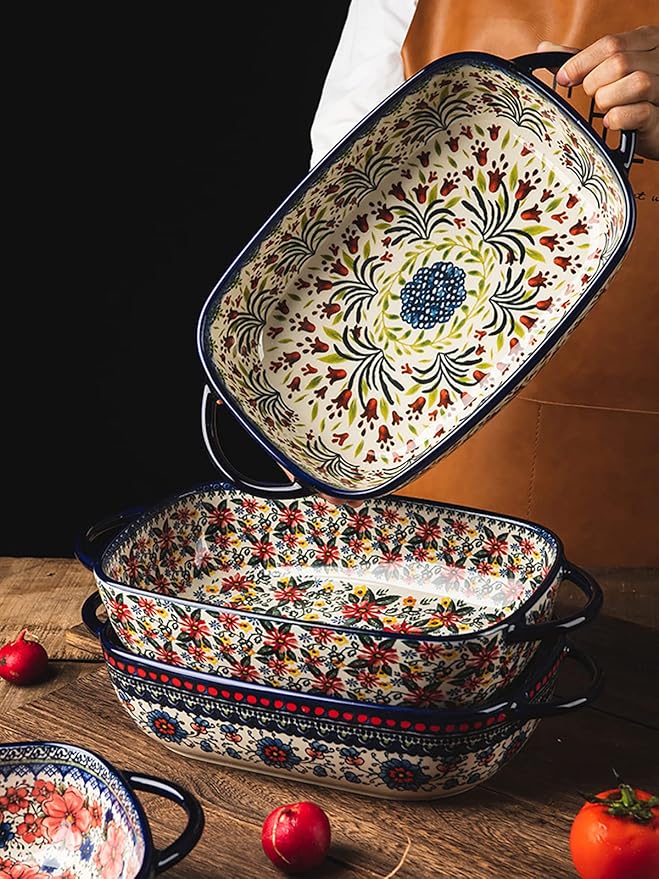 Vintage Style Pottery Bakeware Ceramic Casserole Dish Baking Pan Lasagna Pans Baking Dish with Handles for Oven/Cooking/Kitchen-1 PCS, Large Capacity, 60 OZ