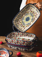 Vintage Style Pottery Bakeware Ceramic Casserole Dish Baking Pan Lasagna Pans Baking Dish with Handles for Oven/Cooking/Kitchen-1 PCS, Large Capacity, 60 OZ