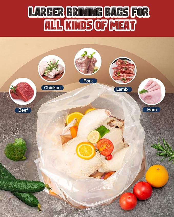 Turkey Brine Bag, 26"×22", 2 Pack, Extra Large Brining Bags for Thanksgiving Turkey, Chicken, Beef, Fish, Pork - Holds up to 35lbs, Double Zipper Heavy Duty Brine Bag with 2 Cotton Strings & Clips