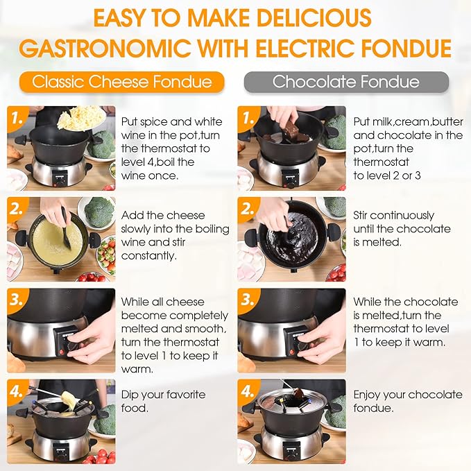 Electric Fondue Pot Set,2-Quart 1000-Watt Non-Stick Fondue Maker with Temperature Control,8 Forks,Perfect for Chocolate, Cheese, Caramel