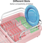 SNTD Dish Drying Rack, Expandable Dish Rack for Kitchen Counter, Stainless Steel Dish Drainer with Drainboard Set and Utensil Holder (Pink)