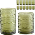ZMOWIPDL Vintage Glassware Drinking Glasses Set of 12,Green 12oz & 15oz Hobnail Glass Cups,Embossed Water Tumbler,for Beer,Cocktail,Whiskey,Juice and Various Mixed Drinks- 1 Cleaning Brush