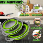 Collapsible Colander Set,Premium Food Grade Silicone Folding Strainers with Handles Space Saving Colanders for Draining Pasta,Vegetables & Fruits,Ideal for Kitchen & Travel (3pc Green)