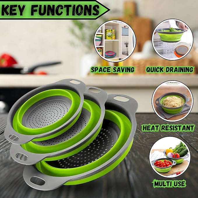 Collapsible Colander Set,Premium Food Grade Silicone Folding Strainers with Handles Space Saving Colanders for Draining Pasta,Vegetables & Fruits,Ideal for Kitchen & Travel (3pc Green)