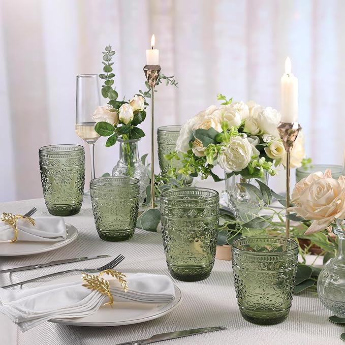 abrwyy 6Pcs Green Drinking Glassware, 10oz Drinking Glasses, Heavy Duty Glass Cups, Colored Embossed Glasses Set for Party Wedding Home Office Glassesware Gift