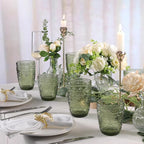 abrwyy 6Pcs Green Drinking Glassware, 10oz Drinking Glasses, Heavy Duty Glass Cups, Colored Embossed Glasses Set for Party Wedding Home Office Glassesware Gift