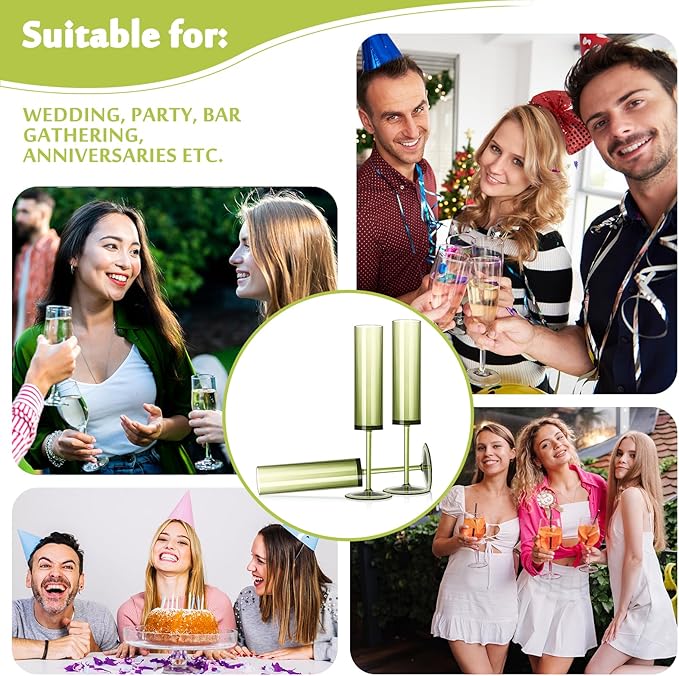 12 PCS Green Champagne Flutes Plastic 5.4OZ Clear Acrylic Champagne Glasses Long Stem Champagne Flutes Sparkling Wine Glasses Sage Green Champagne Glasses FOR Wedding Cocktail Cups Cava Prosecco