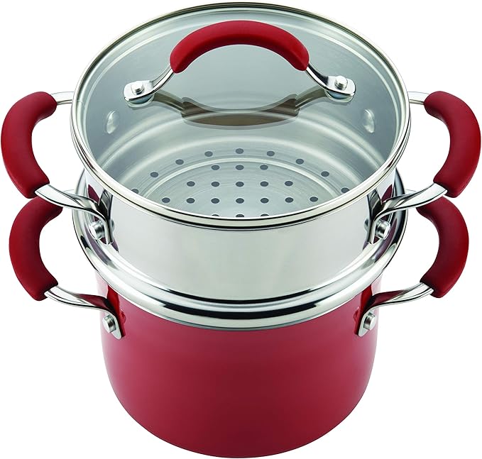 Rachael Ray Cucina Hard Porcelain Enamel Nonstick Multi-Pot / Steamer Set, 3-Quart, Cranberry Red - 16800