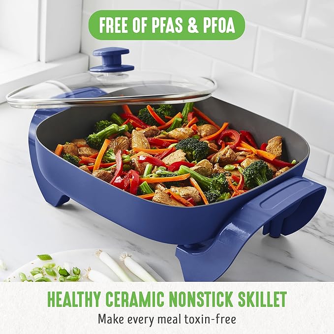 GreenLife 12" 5QT Square Electric Skillet, Glass Vented Lid, Ceramic PFAS-Free Nonstick Coated Interior, Adjustable Temperature Control, Cool Touch Handles, Quick Even Heating, Scratch Resistant, Blue