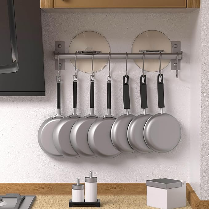 Dseap Kitchen Utensil Holder Hanger, Pot and Pan Rack Wall Mounted, Kitchen Rail with 8 Hooks for Hanging Cooking Utensils, Mugs, Spoons, Wall Mounted, Silver, Pack of 2