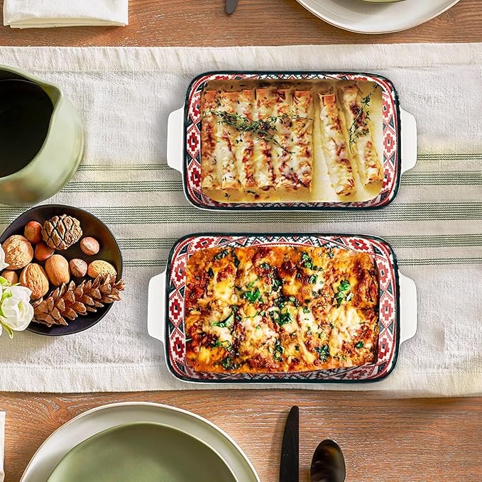 Au Gratin Baking Dish, Single Serving Dish Set of 2 with Handle, Ceramic Casserole Dish for Oven, Vintage Bohemian Bakeware for Fruit, Salads, Desserts, 8.8 Inch, Small Individual (Rectangular)