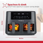 Holstein Housewares 8.4QT Dual Basket Digital Air Fryer with viewing window and led display with 7 preset options. Fry, bake, grill, dehydrate, and roast healthier recipes. Dishwasher Safe