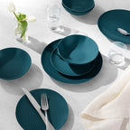 Amazon Basics 18-Piece Stoneware Dinnerware Set, Service for 6, Microwave and Dishwasher Safe, Plates and Bowls, Deep Teal