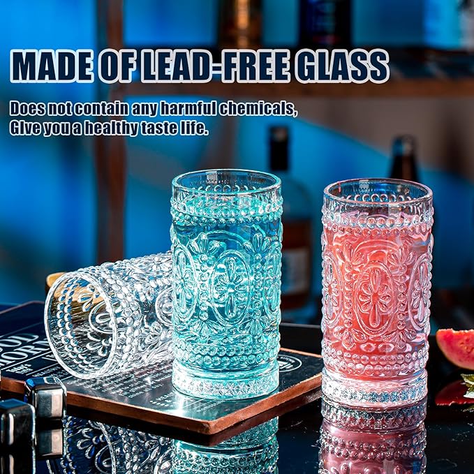 Vintage Drinking Glasses Set - 12 Pcs Romantic Highball Tumblers, 15oz Cups for Water, Mojito, Cocktail, Whiskey, Juice - Tall Glassware
