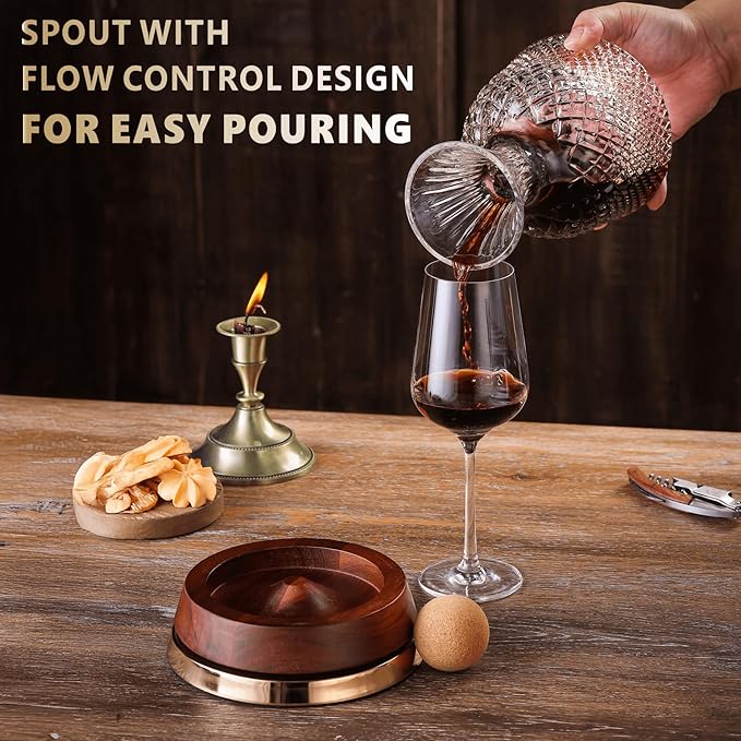 Rotating Wine Decanter with Wooden Base – 360° Spinning Wine Aerator for Fast Oxygenation, Crystal Clear Wine Carafe Decanter for Red Wine, Elegant Wine Decanter Set & Gift Choice