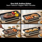 OVENTE 2-in-1 Electric Indoor Grill, 1500W Smokeless Korean BBQ Griddle with Non-Stick Removable Cooking Plate, 3 Raclette Cheese Pans, Adjustable Temperature Control, Dishwasher Safe, Beige BQR1502B
