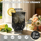 12 Pack Plastic Stemless Wine Glasses,12oz Unbreakable Vintage Elegant Drinking Glass Set,Reusable Fancy Cocktail Cups for Party, Wedding, and Bulk Events (12, 12oz-Black)