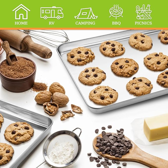 CEKEE Stainless Steel Baking Sheet Set of 2, Cookie Sheet for Baking Pan Tray, Toaster Oven Baking Pan Set, Rectangle Size 16 x 12 x 1 inch, Non Toxic, Mirror Finish & Rust Free, Dishwasher Safe