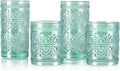 Green Glassware Set of 4, Vintage Drinking Glasses, Colored Glassware Drinking, Highball Embossed Beverage Glasses Cup for Party Wedding Home Office and Gift (2pcs12oz+2pcs10oz）