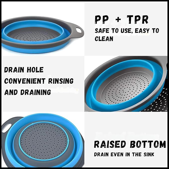 Collapsible Colander 3-Pack Set, Collapsible Strainers for Kitchen, Foldable Space-Saving Colander Strainer Set, Pasta Strainer for Vegetables & Fruits, Durable Non-Slip Strainers and Colanders (Blue)