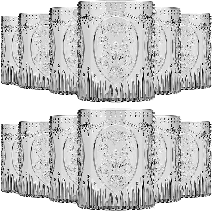 Qinyoung 12 Plastic Vintage Drinking Glasses 8.5oz Stemless Retro Embossed Wine Glasses Shatterproof Reusable Cups for Baby Shower Wedding Reception Grand Event Party (Black)