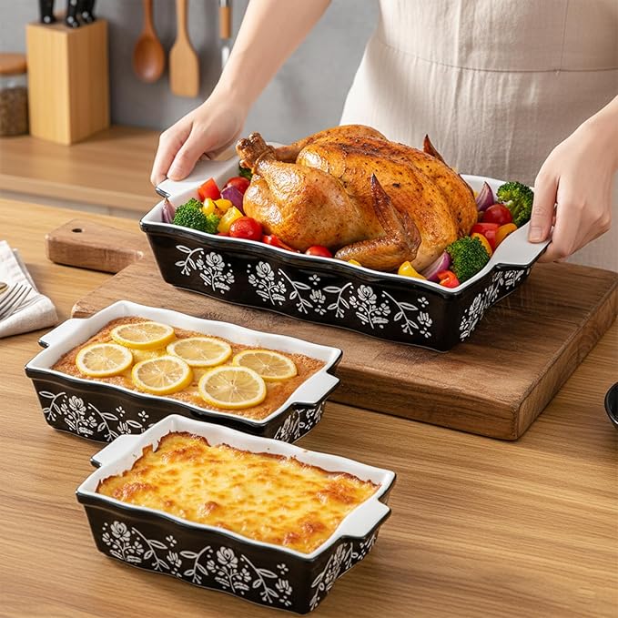 Bekith Casserole Dishes for Oven, Ceramic Baking Dishes with Handles, Ceramic Bakeware Set of 3, Rectangular Lasagna Pan Deep for Baking Cake Kitchen, Black (9"/12.3"/13.9")