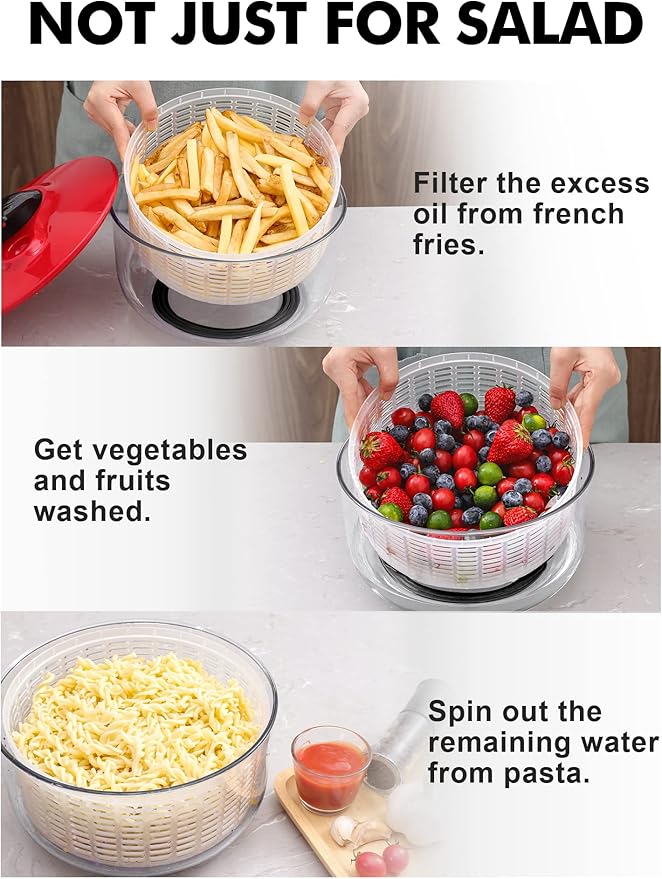Salad Spinner Large 5L Capacity, Easy to Clean Lettuce Spinner with Bowl, Vegetable Washer Dryer Dishwasher Safe Ideal for Vegetables and Fruits without BPA, Large 4.5 Quart