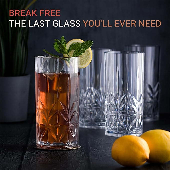 Bravario Unbreakable Plastic Drinking Water Tumblers, Dishwasher Safe 100% Tritan Glasses, BPA-Free Shatterproof Outdoor Highball Drinkware, 18 oz, Set of 6