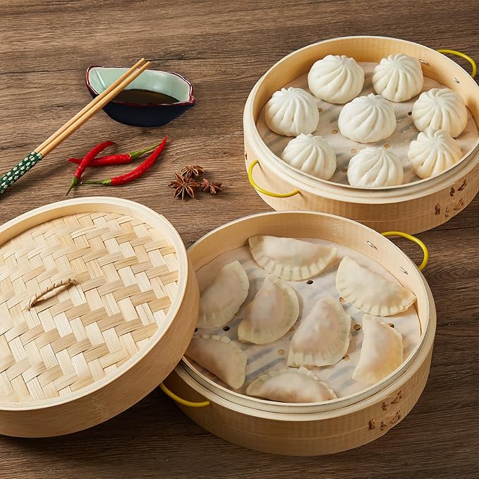 MacaRio Bamboo Steamer Basket Set 10 inch Steamer for Cooking, with Side Handles, Ring Adapter, Paper Liners, for Dim Sum Dumplings Buns Seafoods Vegetables Rice Asian Foods
