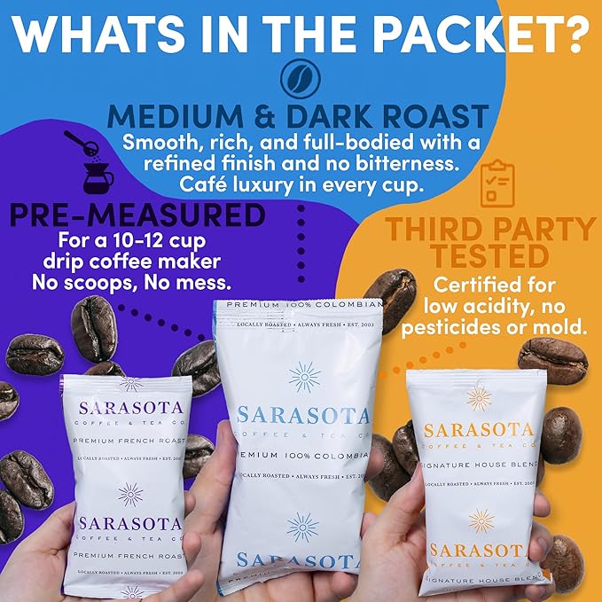 Coffee Packets – Assorted Variety Sampler Gift Set | Medium, Colombian & Dark Roast Fractional Packs | Gourmet Low Acid Mold Free Individual Pouches for 12 Cup Brewers | 2 Oz Bags, 12 Count – Sarasota