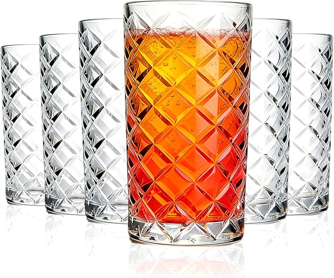 Crystal Highball Glasses Set Of 6-14 Ounce Diamond Cut Tom Collins Glasses - Textured Designer Glassware For Whiskey,Drinks, Water, Beer, Soda