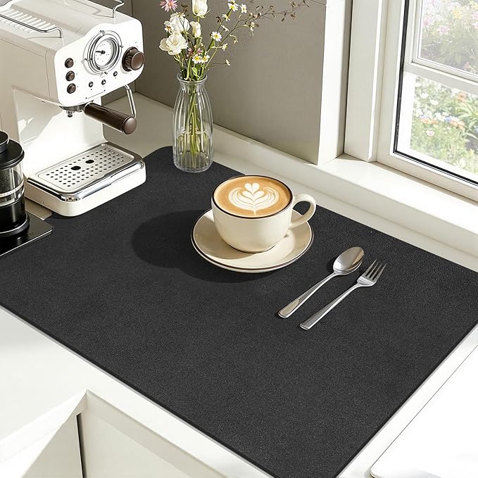Findosom Dish Drying Mat, 12"x 20" Super Absorbent & Hide Stain Coffee Mat, Cuttable Drying Mat for Kitchen Counter, Coffee Bar Accessories, Under Dish Rack, Coffee Maker, Espresso Machine, Black-2