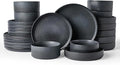 Famiware Star Dinnerware Set with Pasta Bowls, Service for 6 (24 Pieces), Ribbed Stoneware Plates and Double Bowls Sets - Chip & Scratch Resistant, Microwave & Dishwasher Safe, Matte Dark Charcoal