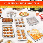 TeamFar Bakeware, Stainless Steel Bakeware Set with Baking Sheet and Rack, Lasagna Pan with Lid, Square & Round Cake Pan with Lid, Muffin Pan & Loaf Pan, Pizza Pan, Healthy & Dishwasher Safe