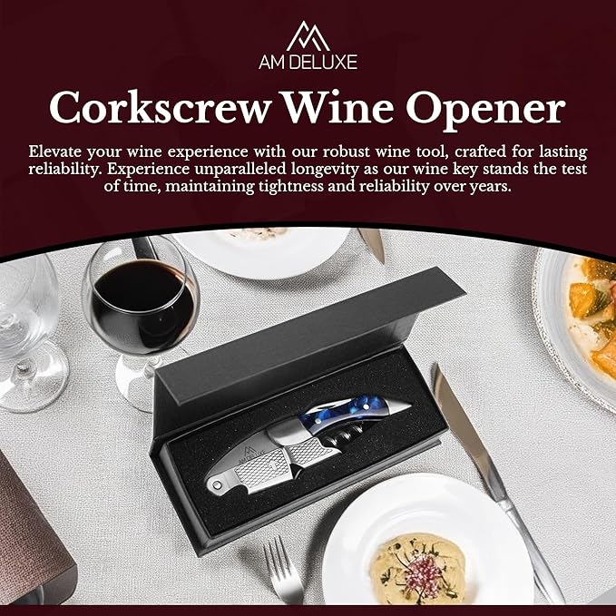 Waiters Corkscrew Wine Opener - Double-Hinged Fulcrum 3-In-1 Cork Screw Wine Bottle Opener Heavy Duty Stainless Steel & Sapphire Resin. Serrated Foil Cutter. Beer Opener. Magnetic Gift Box