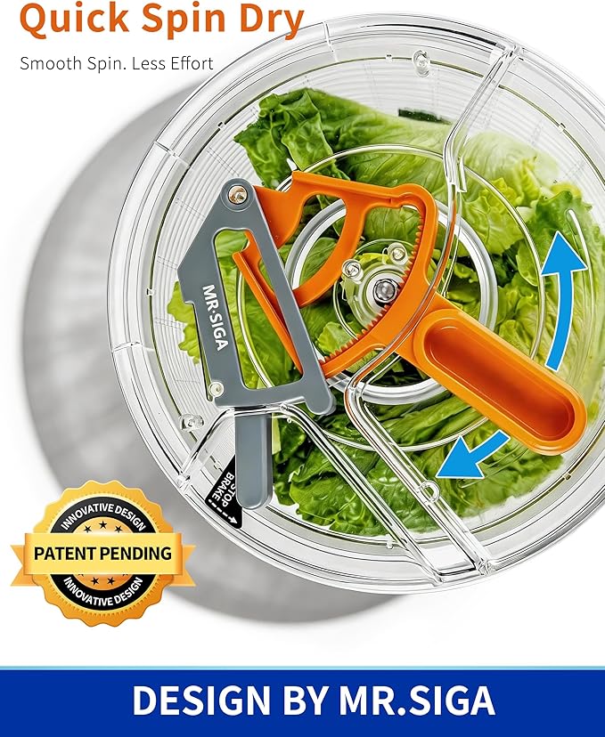 MR.SIGA Large Salad Spinner, Fruit Washing Bowl with Strainer, Salad Dryer for Washing, Spinning, and Draining Greens, Fruits, and Vegetables, 6.87 Quart Capacity