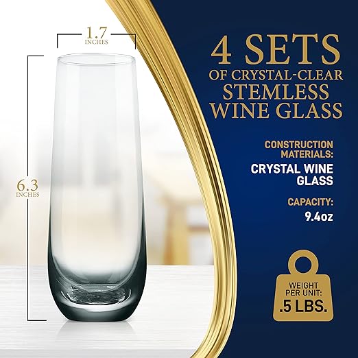 Champagne Flutes Stemless 9.4oz | Set of 2 Elegant Clear Crystal Glass Drinkware w/Narrow Rim Seamless Bowl, Lead-Free Dishwasher Safe Sparkling Wine Glassware Perfect for Any Occasion by NutriChef