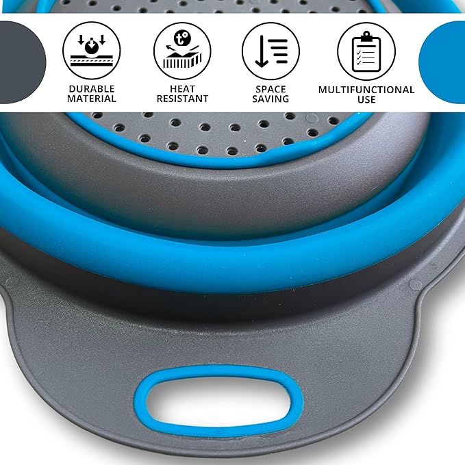 Blue Kitchen Strainer Colander Set - 2 PCS Collapsible Strainer Colander with Plastic Handles Silicone Food Grade Tools for Kitchen for Pasta and Spaghetti Multifunctional