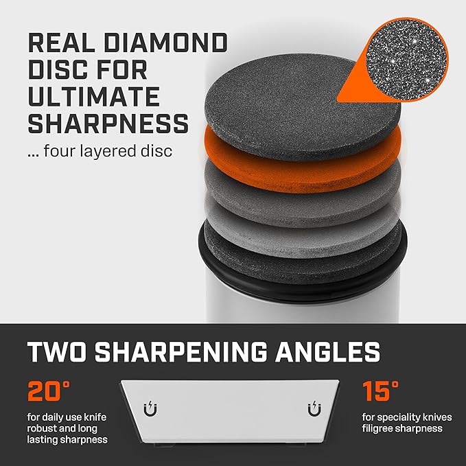 TUMBLER Pro Rolling Knife Sharpener™ - Knife Sharpening Made Easy - Ultimate Gift for Father's Day - Kit with Removable Disc System - 4-Layer Diamond Sharpening Disc & EdgeBoost Ceramic Disc (Grey)