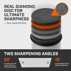TUMBLER Pro Rolling Knife Sharpener™ - Knife Sharpening Made Easy - Ultimate Gift for Father's Day - Kit with Removable Disc System - 4-Layer Diamond Sharpening Disc & EdgeBoost Ceramic Disc (Grey)