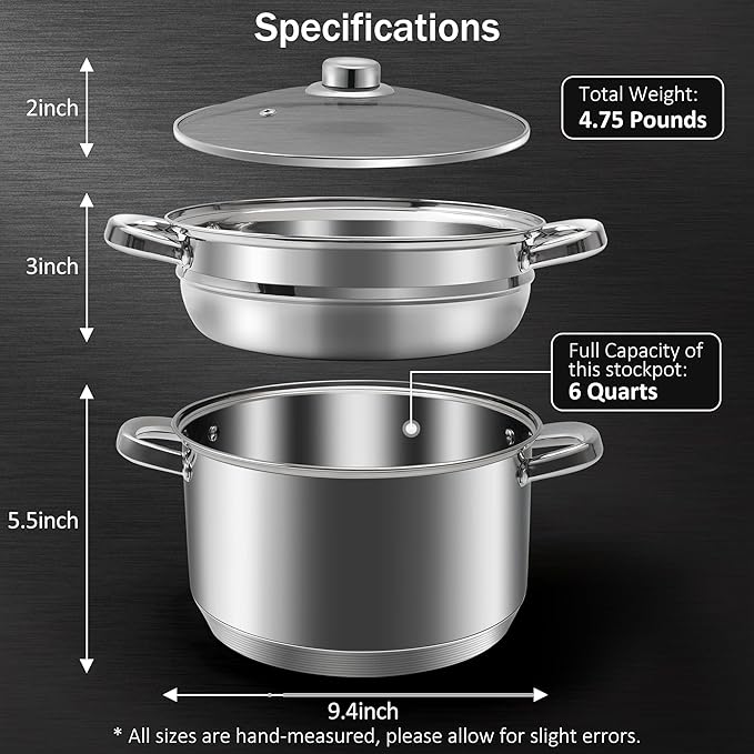 AuFranc® 6 Quart 18/10 Stainless Steel Tri-ply Stockpot and Steamer with Tempered Glass Lid, Multipurpose Steamer Pot Compatible with All Cooktops, Non-Toxic Soup Pot, Oven & Dishwasher Safe (Silver)