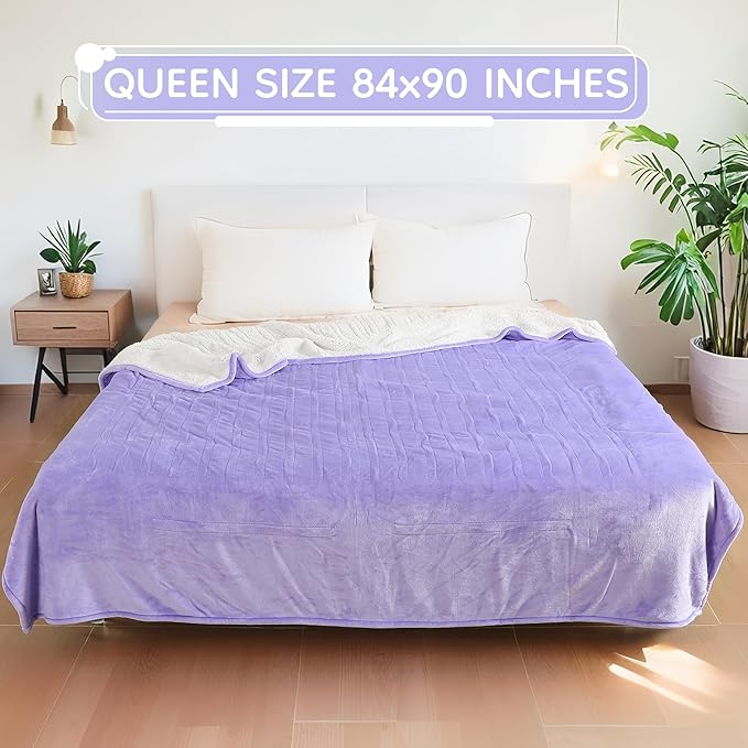 Electric Heated Blanket Queen Size - 84"x90", Soft Flannel Heating Blanket, 10 Heating Levels, 1-12 H Auto Shut Off, Dual Controllers, Breathable Warm and Washable for Bed, Light Purple